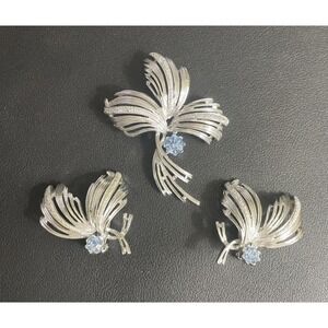Vintage EMMONS Brooch Earrings Set Blue Rhinestone Silver Tone Retro Jewelry